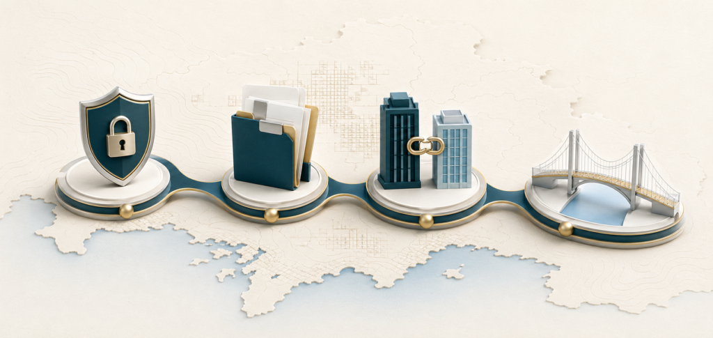 秘密保持から譲渡実行までのM&Aプロセスを表すオリジナルデザイン