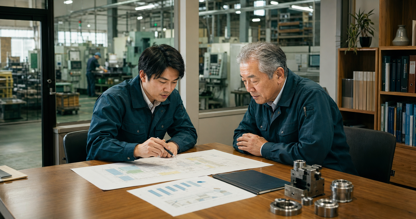 愛知県の製造業で事業承継について資料を確認する相談風景