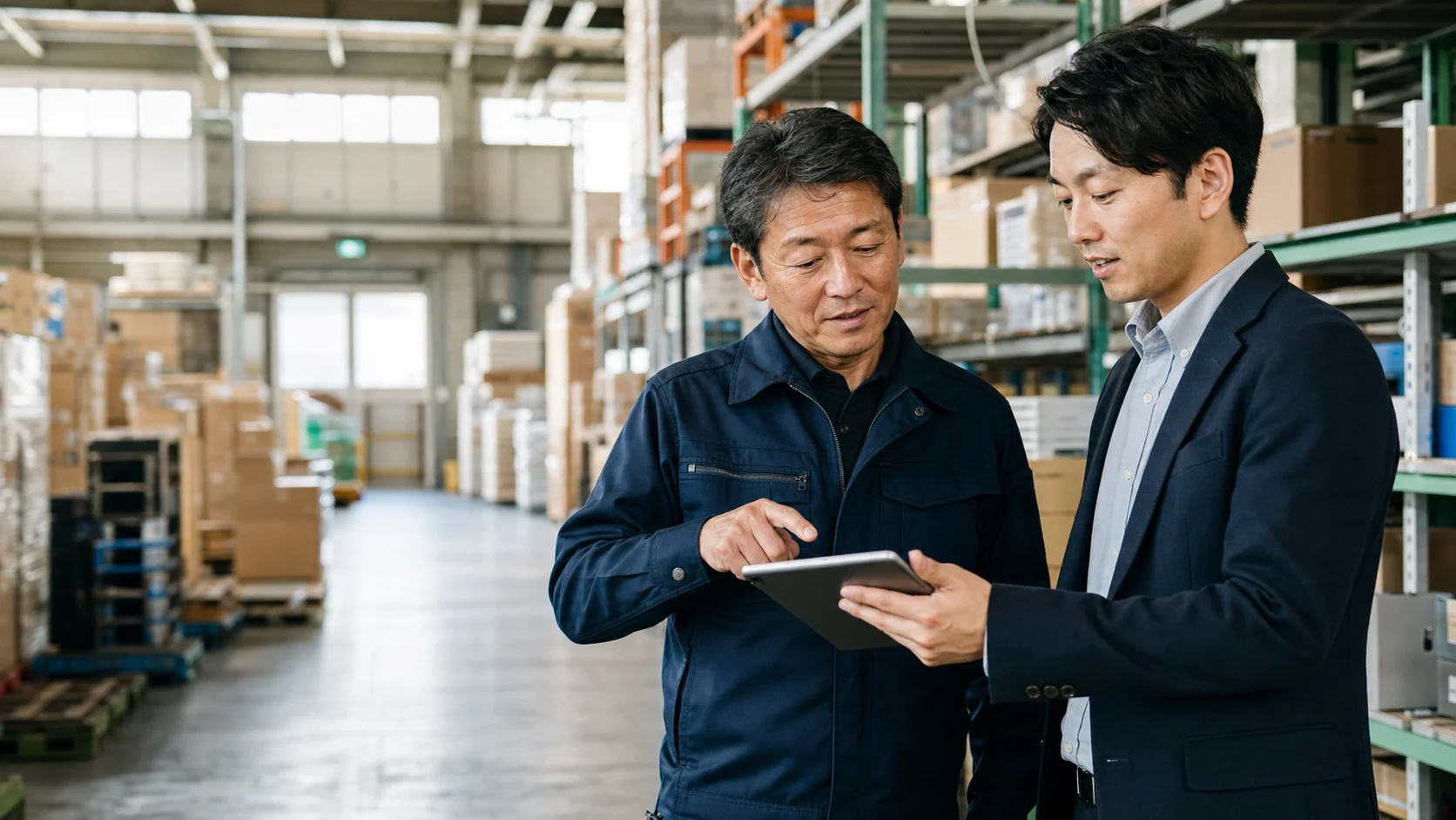 愛知の物流現場で事業承継について相談する経営者とM&Aアドバイザー