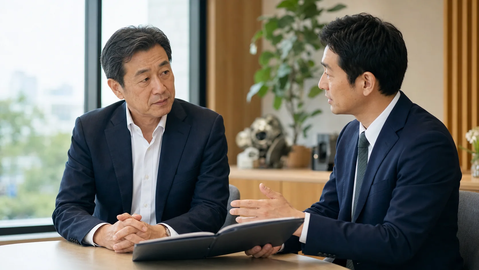 愛知の会社売却について相談する経営者とM&Aアドバイザー