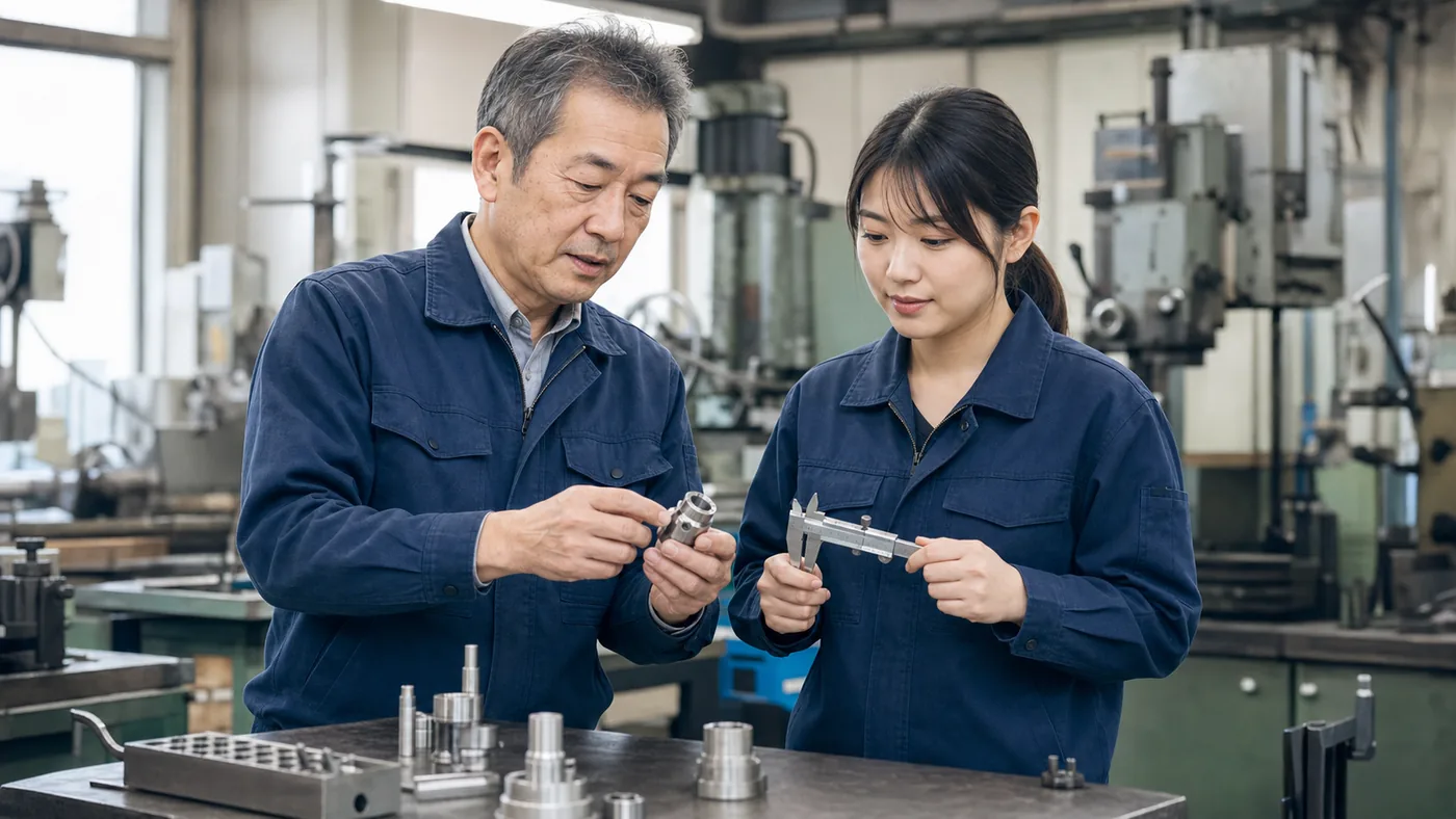 西三河の金属加工現場で技能承継を確認する経営者と後継者