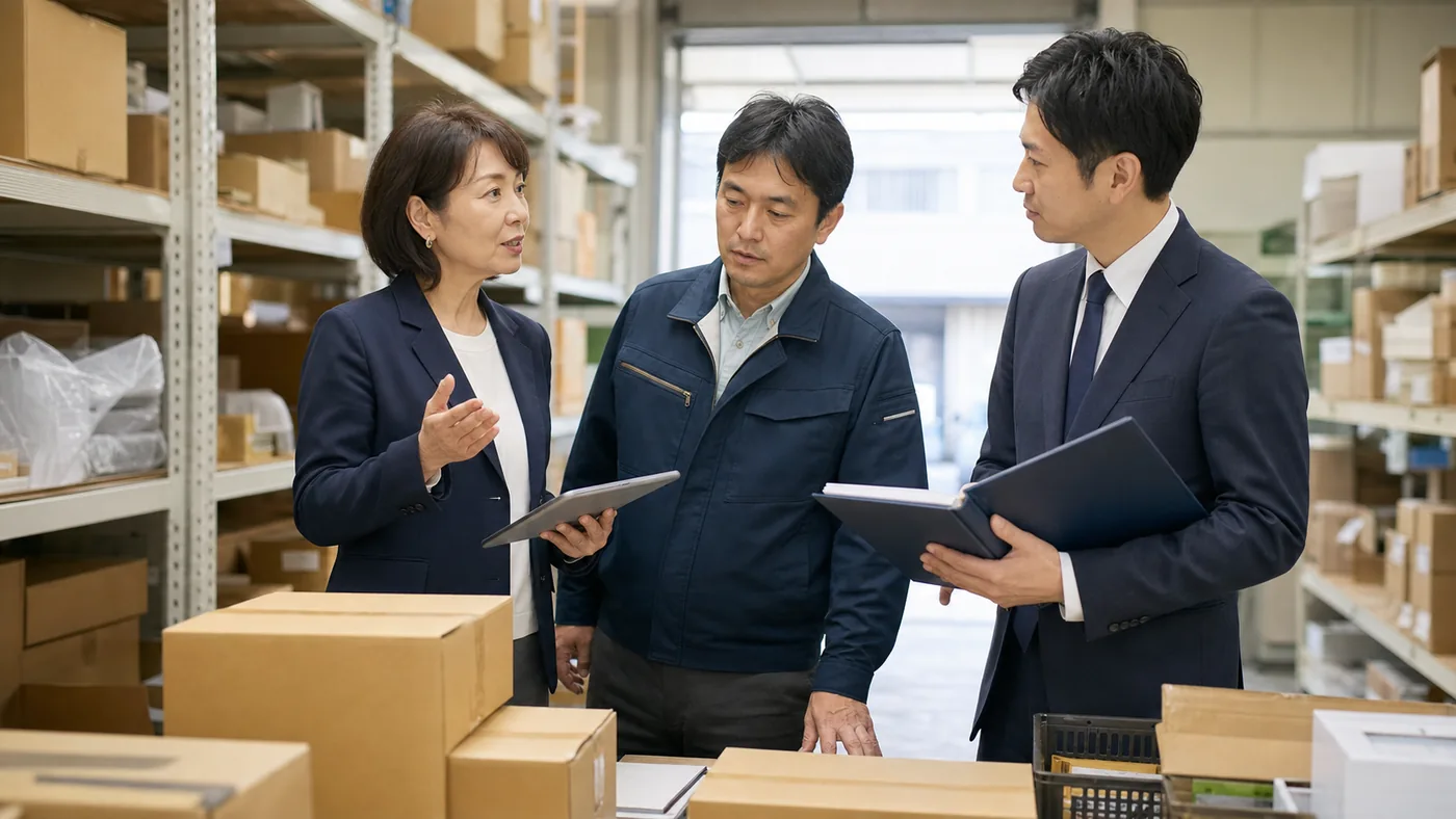 名古屋の卸売倉庫で承継について話す経営者と従業員